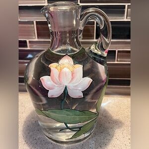 Vintage Hand Painted Art Glass Stylish Serving Pitcher 8” height, 4 cups